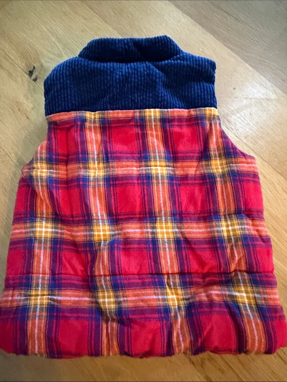 Tahari Red Plaid Puffer Vest with Navy Corduroy Collar